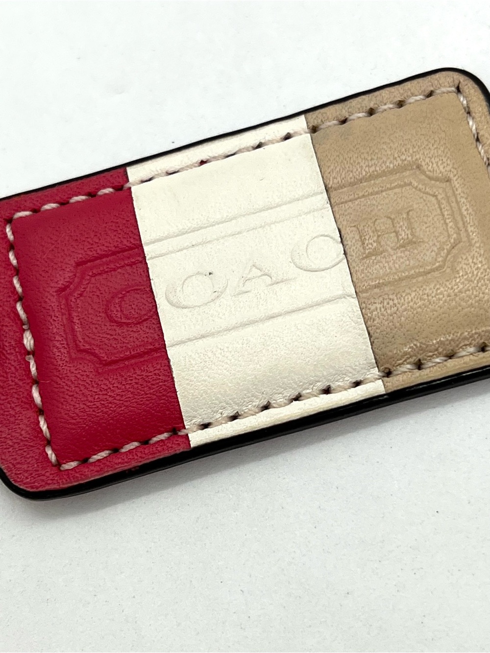 Coach Leather Hang Tag Keychain Charm Colorblock Dark Pink White Beige Bag Fob